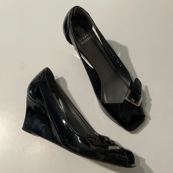 Stuart Weitzman Black Patent Leather Wedges | 7.5 EUC